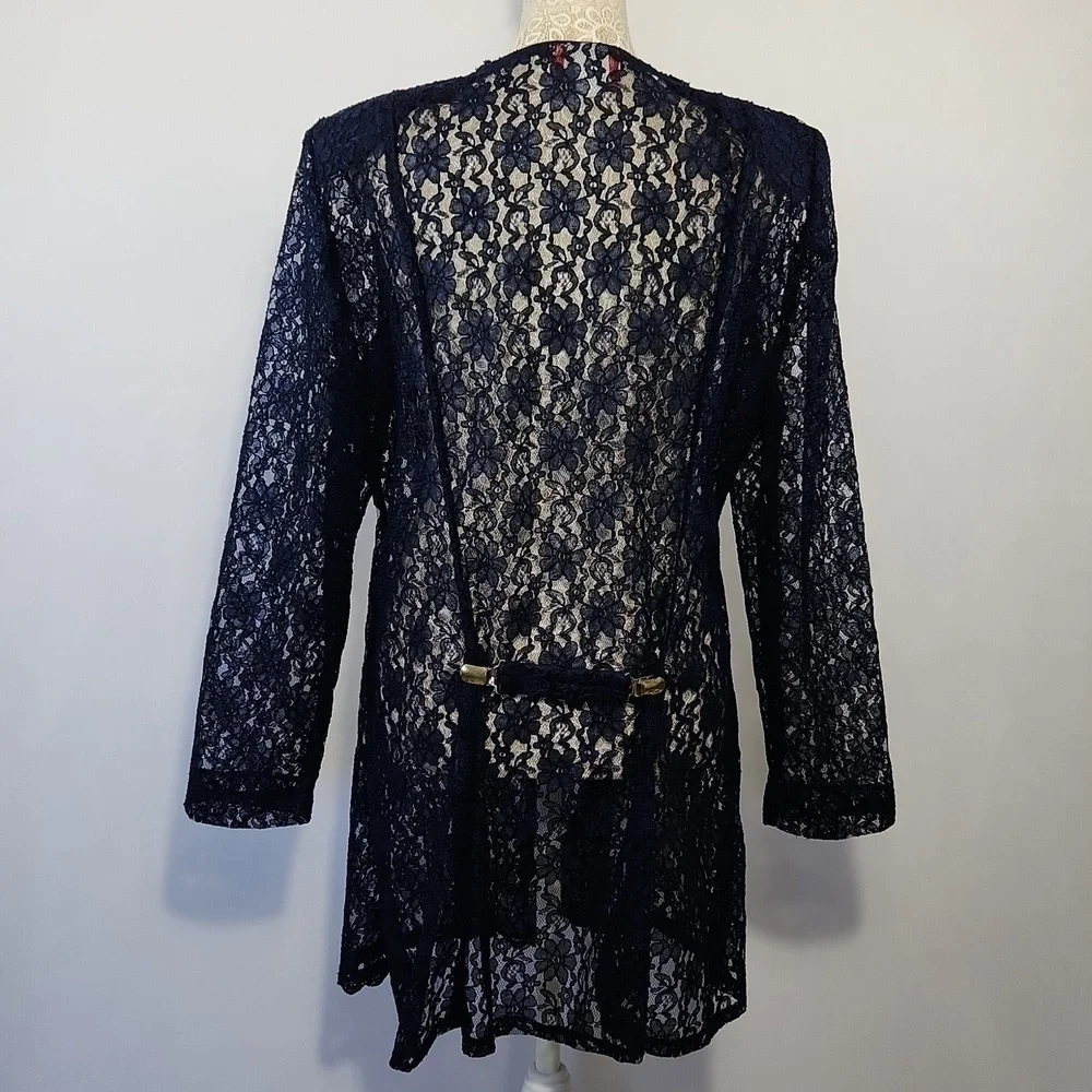 Beautiful U Women L Navy Blue Crochet Lace Scalloped Hem Button Front Cardigan